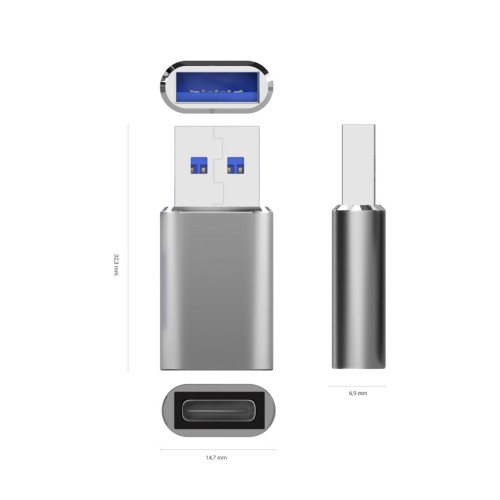 AISENS Mini Adaptador USB 3.2 Gen2 USB 2.0 3A, Tipo USB-C H-A M, Gris