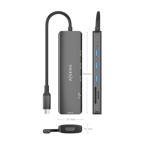 AISENS USB-C Dock 6 en 1, USB-C A, 1x HDMI, 3x USB-A, 1x SD, 1x MicroSD, Gris, 15cm