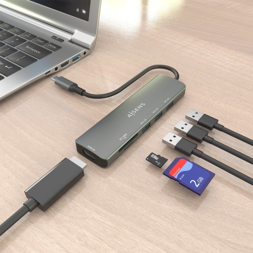 AISENS USB-C Dock 6 en 1, USB-C A, 1x HDMI, 3x USB-A, 1x SD, 1x MicroSD, Gris, 15cm