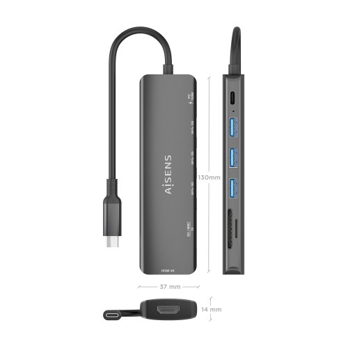 AISENS USB-C Dock 7 en 1, USB-C A, 1x HDMI, 3x USB-A, 1x USB-C PD 100W, 1x SD, 1x MicroSD, Gris, 15cm